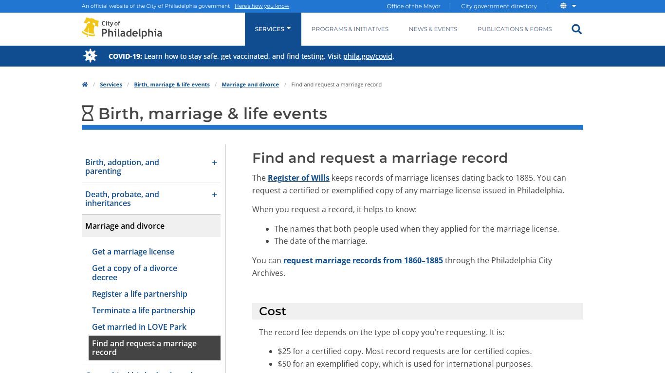 Find and request a marriage record | Services | City of ...