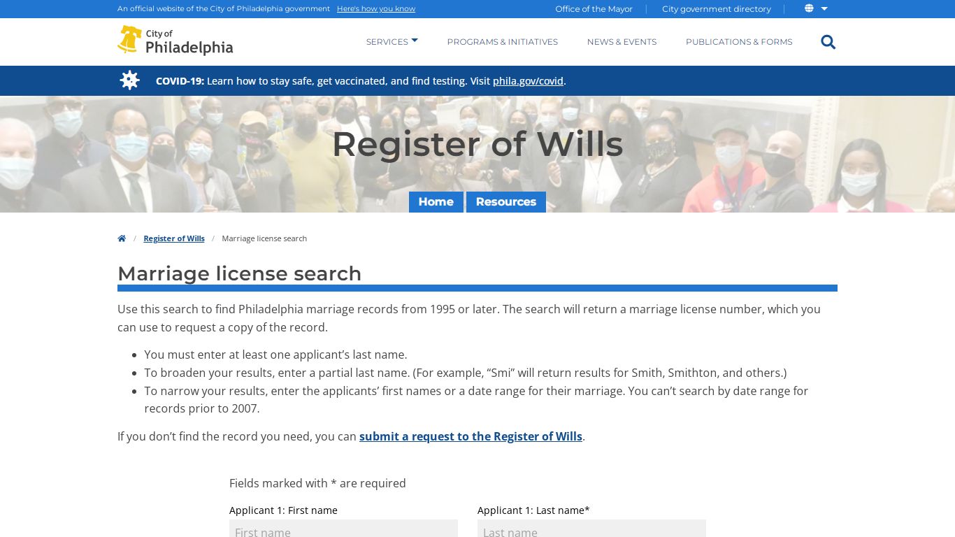 Marriage license search | Register of Wills - Philadelphia